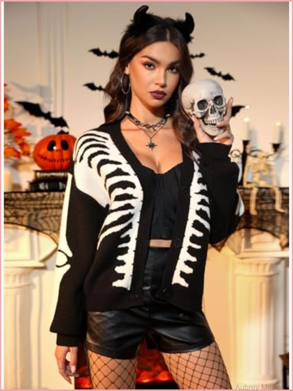 Cropped Skeleton Knit Cardigan Long Sleeve Button Down V Neck - Picture 4 of 7